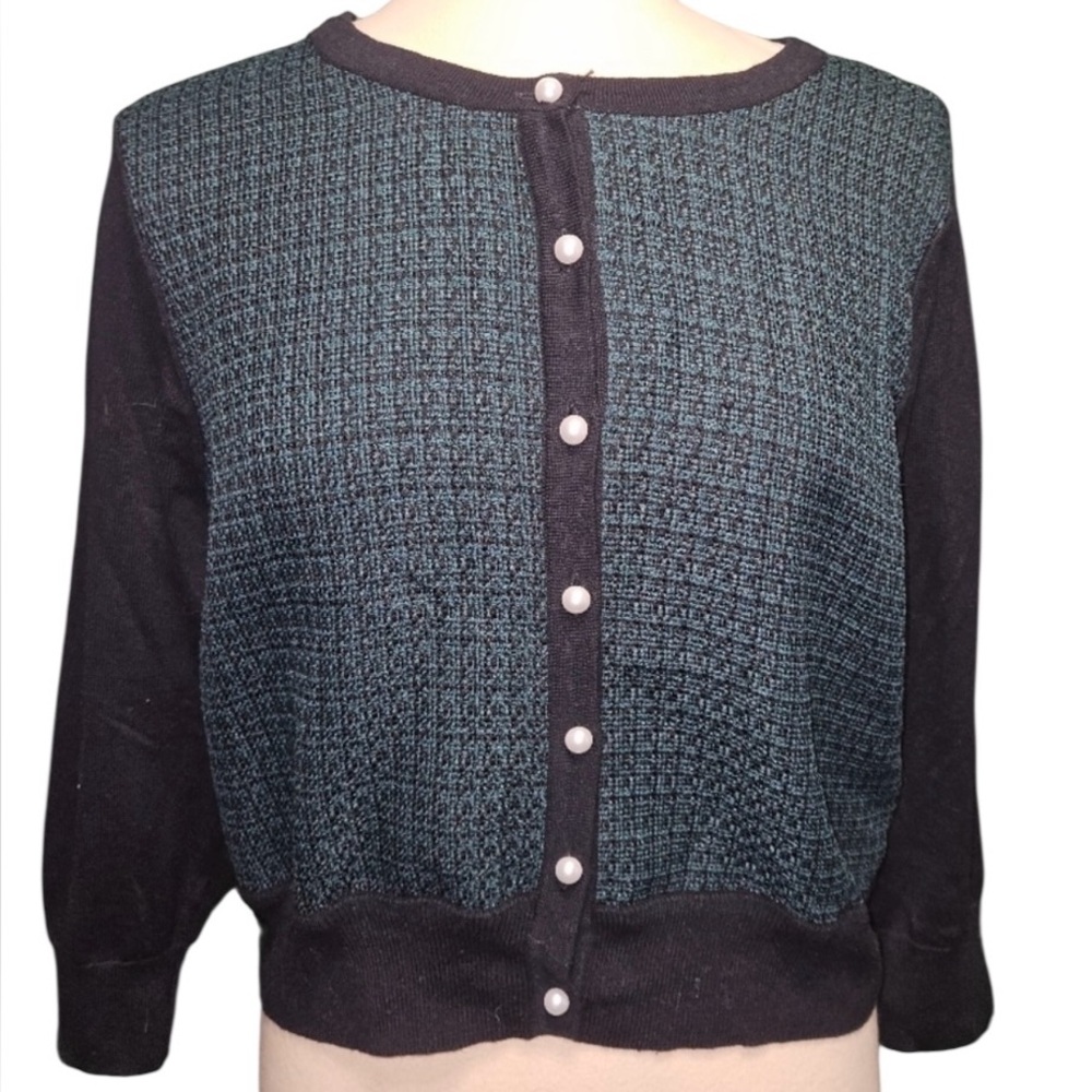 Karl Lagerfeld Navy & Teal Tweed-Front Cardigan Jacket